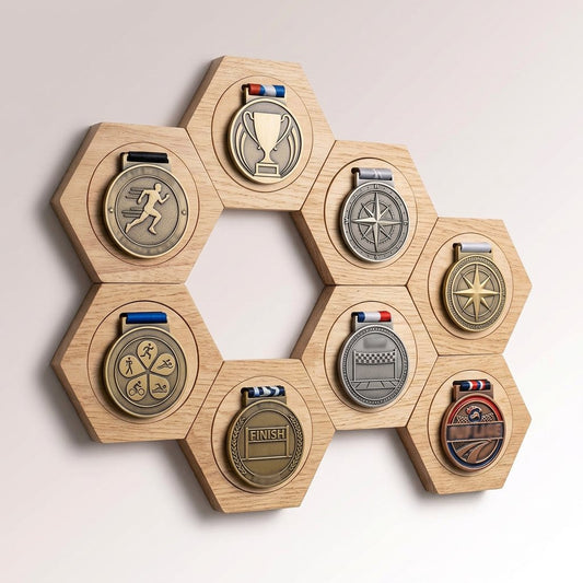 Pine wood medal display arranged in honeycomb pattern on wall