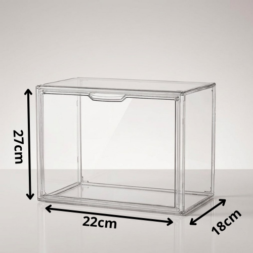Clear acrylic storage box with dimension annotations showing 27 cm height, 22 cm width, and 18 cm depth on a light gray background.