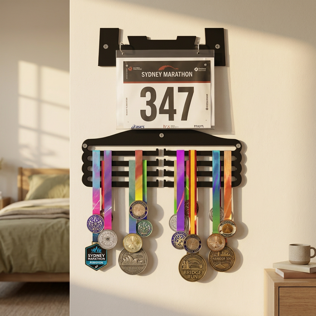 Medal and race bib display rack wall mounted