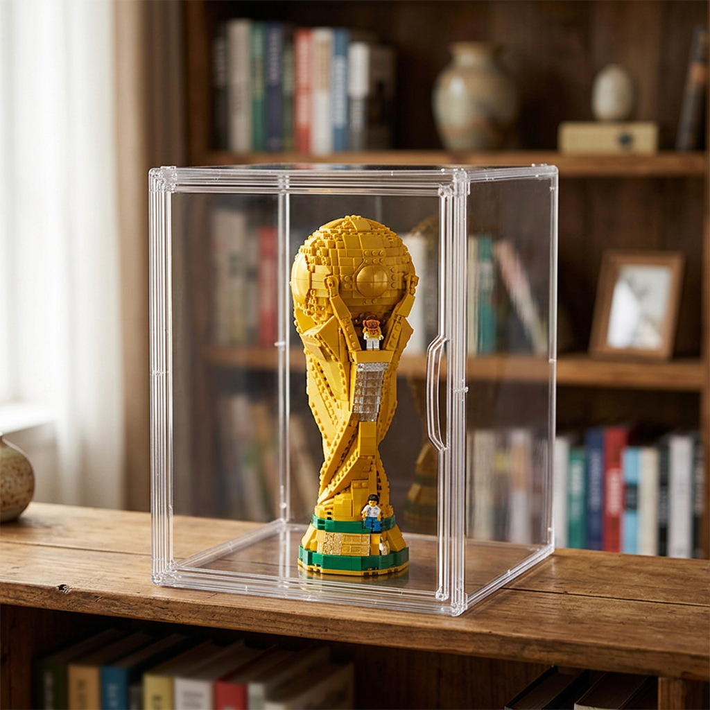 A clear acrylic display case containing a golden soccer trophy figure, placed on a wooden shelf in front of a blurred bookshelf background.