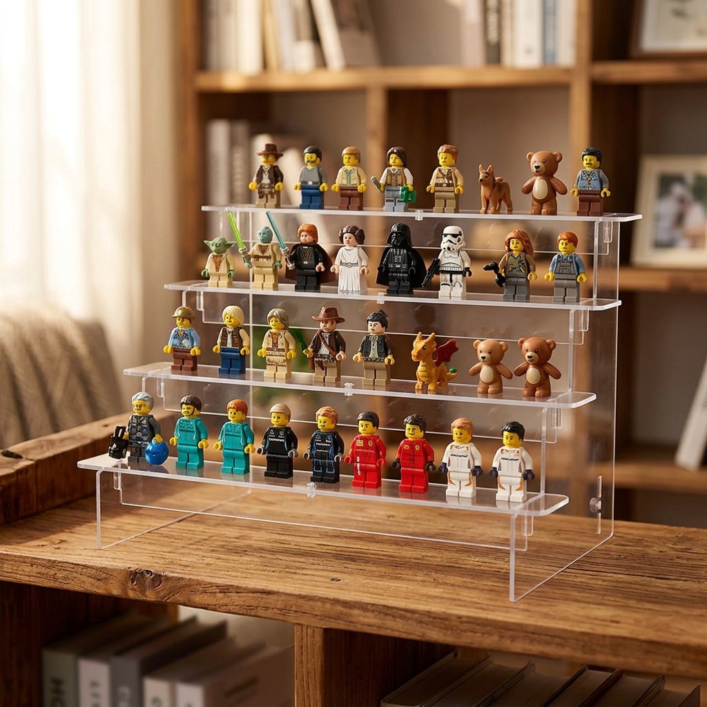 A clear acrylic 4-tier display shelf holding a collection of small legos minifigures, shown on a wooden table with a blurred bookshelf background.