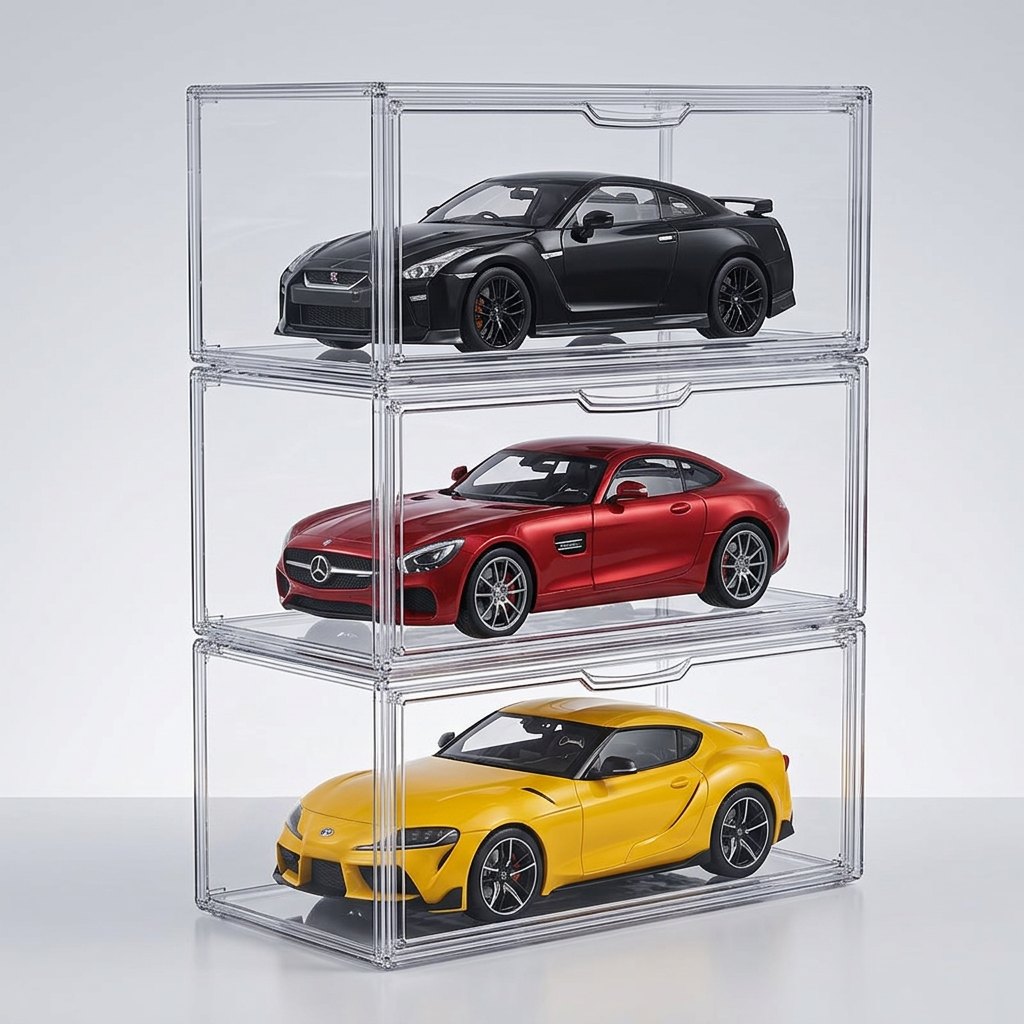 Three stacked clear acrylic toy car display boxes holding miniature sports cars: a black car on top, a red car in the middle, and a yellow car on the bottom, photographed on a light gray studio background.