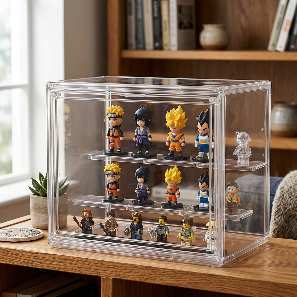 A clear acrylic display case with three tiers holding multiple small anime figurines, placed on a wooden table in a real indoor room with shelves and a window in the background.