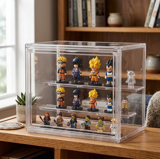 A clear acrylic display case with three tiers holding multiple small anime figurines, placed on a wooden table in a real indoor room with shelves and a window in the background.