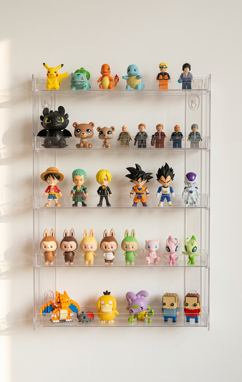 A clear acrylic 5-tier display shelf mounted on a white wall, filled with a colorful collection of DBZ, labubu, vegeta, pokemon figurines and collectible characters.