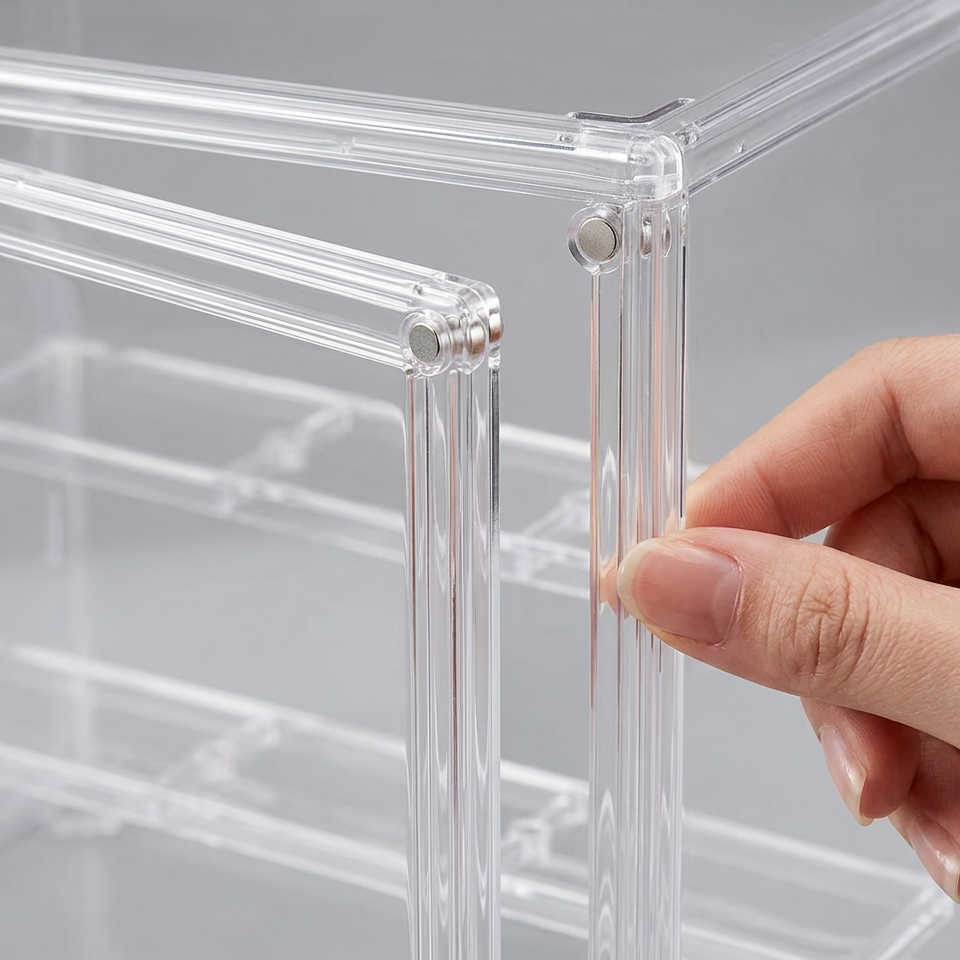 A close-up of a hand assembling a clear acrylic organizer box, showing the transparent plastic frame and corner connectors against a light gray background.