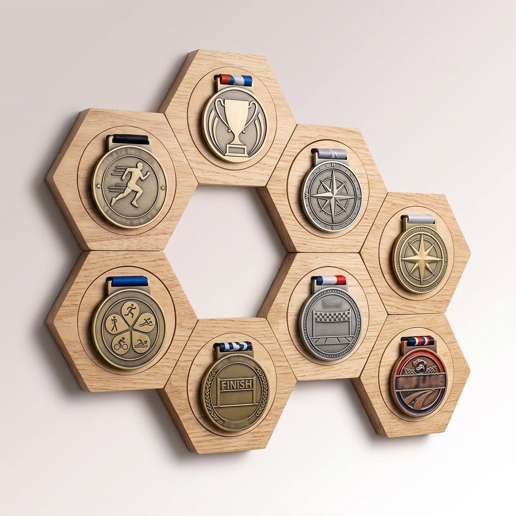 Pine wood medal display arranged in honeycomb pattern on wall