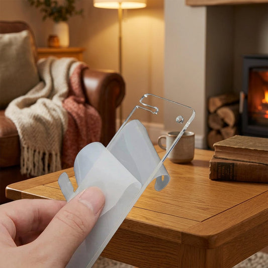 A hand holds a clear, stand assemble in front of a wooden table in a cozy living room setting with a fireplace, lamp, and armchair in the background.