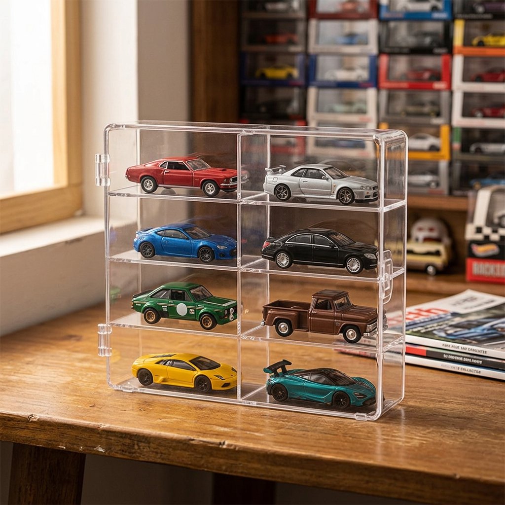 A clear acrylic 6-car toy car display organizer on a wooden table, with a blurred background of toy storage bins and magazines.