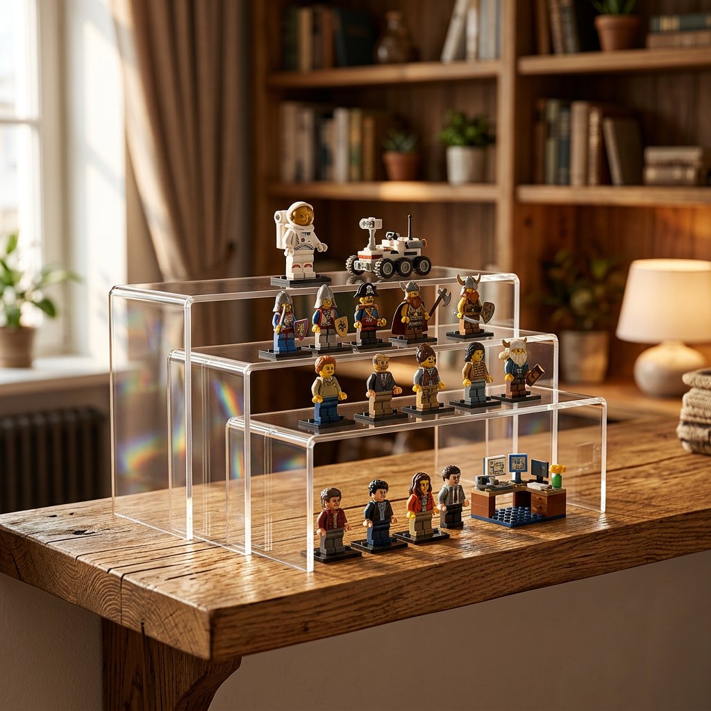 A set of three clear acrylic tiered display stands holding lego toy figurines and miniature models, placed on a wooden table in a warm, book-filled room.