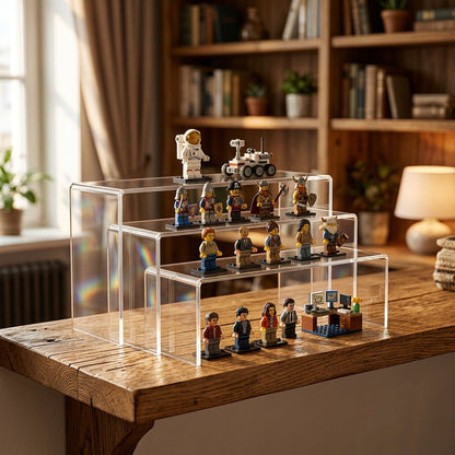 A set of three clear acrylic tiered display stands holding lego toy figurines and miniature models, placed on a wooden table in a warm, book-filled room.