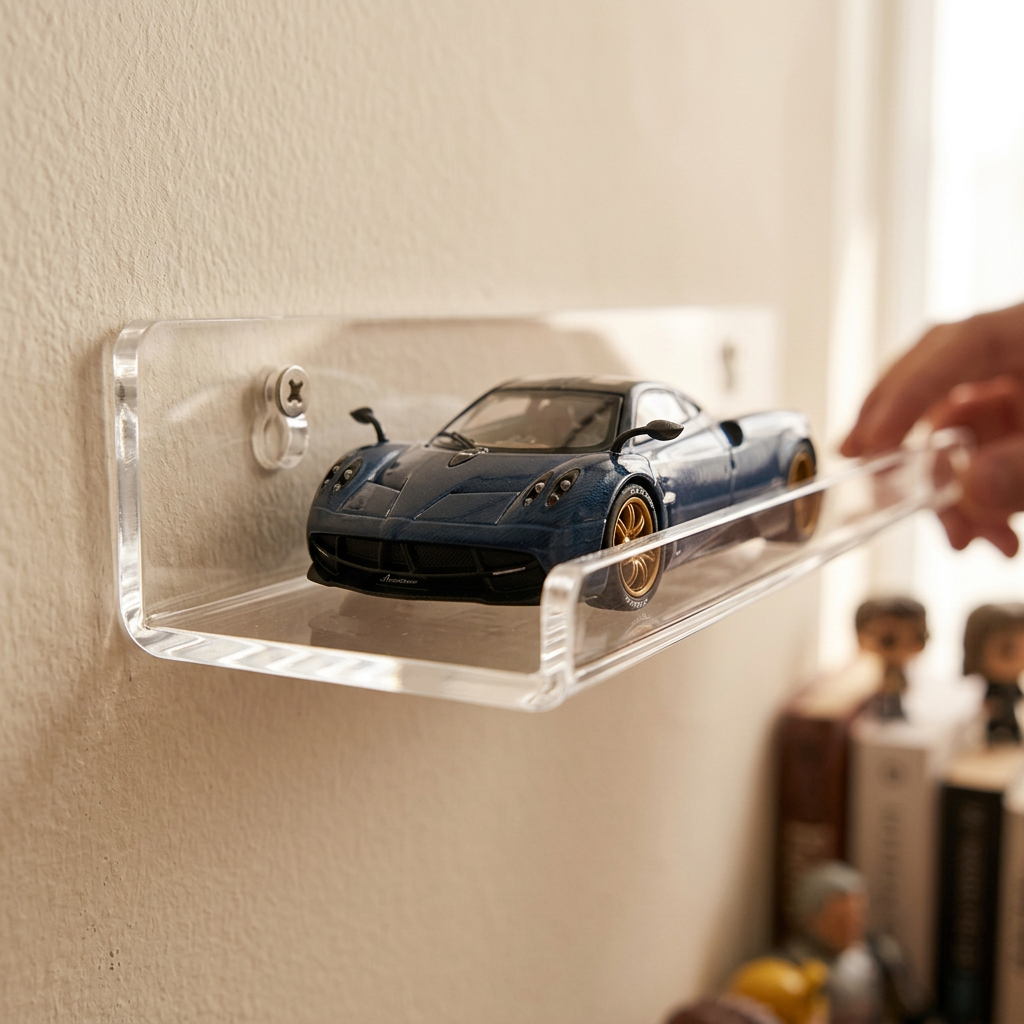 A clear acrylic display shelf mounted on a beige wall, holding a blue sports car model. A hand is adjusting the shelf, with blurred books and figurines in the background.