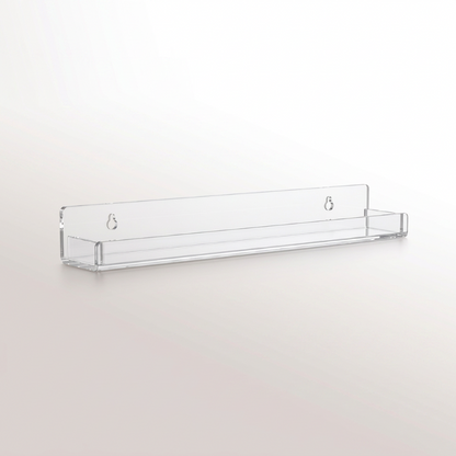 A clear acrylic wall-mounted shelf with two small hanging loops on the back panel, shown against a plain light background.