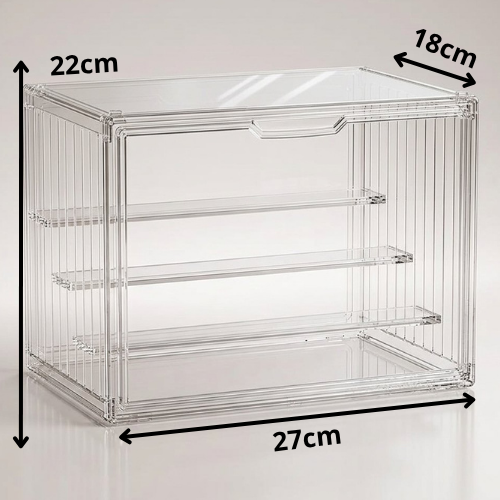 A three-tier stackable acrylic display case for figures and blind box collectibles. Self-assembly, dust-proof, 27x22x36cm.