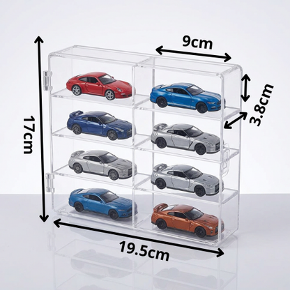 A clear plastic toy car display case with eight compartments holding miniature sports cars, shown with overlaid dimension arrows and labels: 17cm height, 19.5cm width, 9cm top compartment width, and 3.