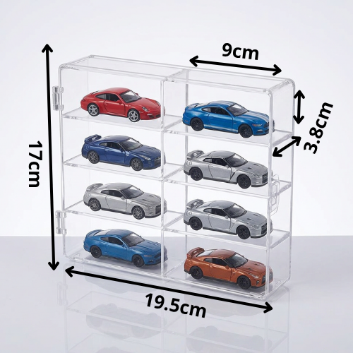 A clear plastic toy car display case with eight compartments holding miniature sports cars, shown with overlaid dimension arrows and labels: 17cm height, 19.5cm width, 9cm top compartment width, and 3.