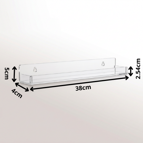 Clear acrylic wall-mounted shelf with dimension annotations showing 38cm length, 5cm height, 4cm depth, and 2.54cm shelf height on a light gray background.