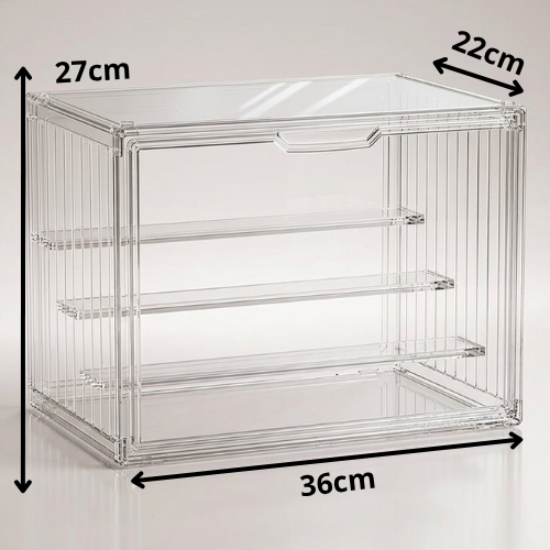 A three-tier stackable acrylic display case for figures and blind box collectibles. Self-assembly, dust-proof, 27x22x36cm.