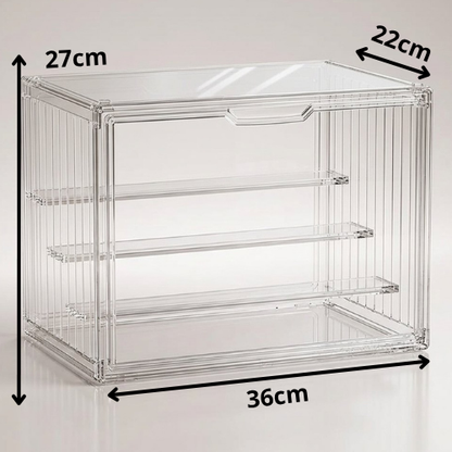 A three-tier stackable acrylic display case for figures and blind box collectibles. Self-assembly, dust-proof, 27x22x36cm.