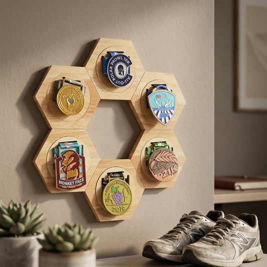 Wooden honeycomb medal display hexagonal panel