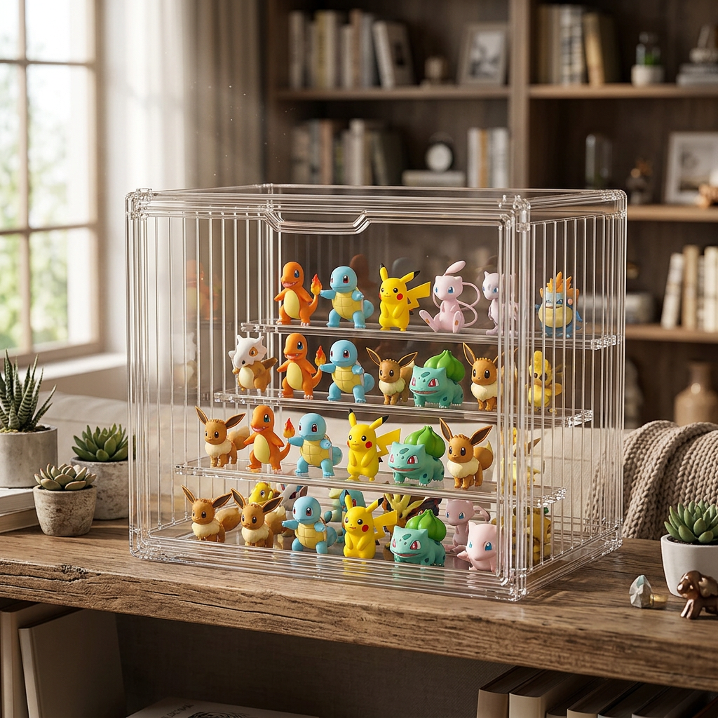 A three-tier stackable acrylic display case for figures and blind box collectibles. Self-assembly, dust-proof, 27x22x36cm.