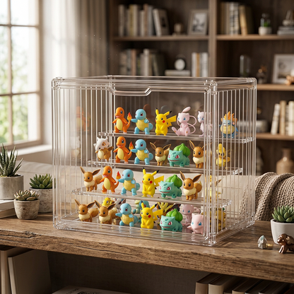 A three-tier stackable acrylic display case for figures and blind box collectibles. Self-assembly, dust-proof, 27x22x36cm.