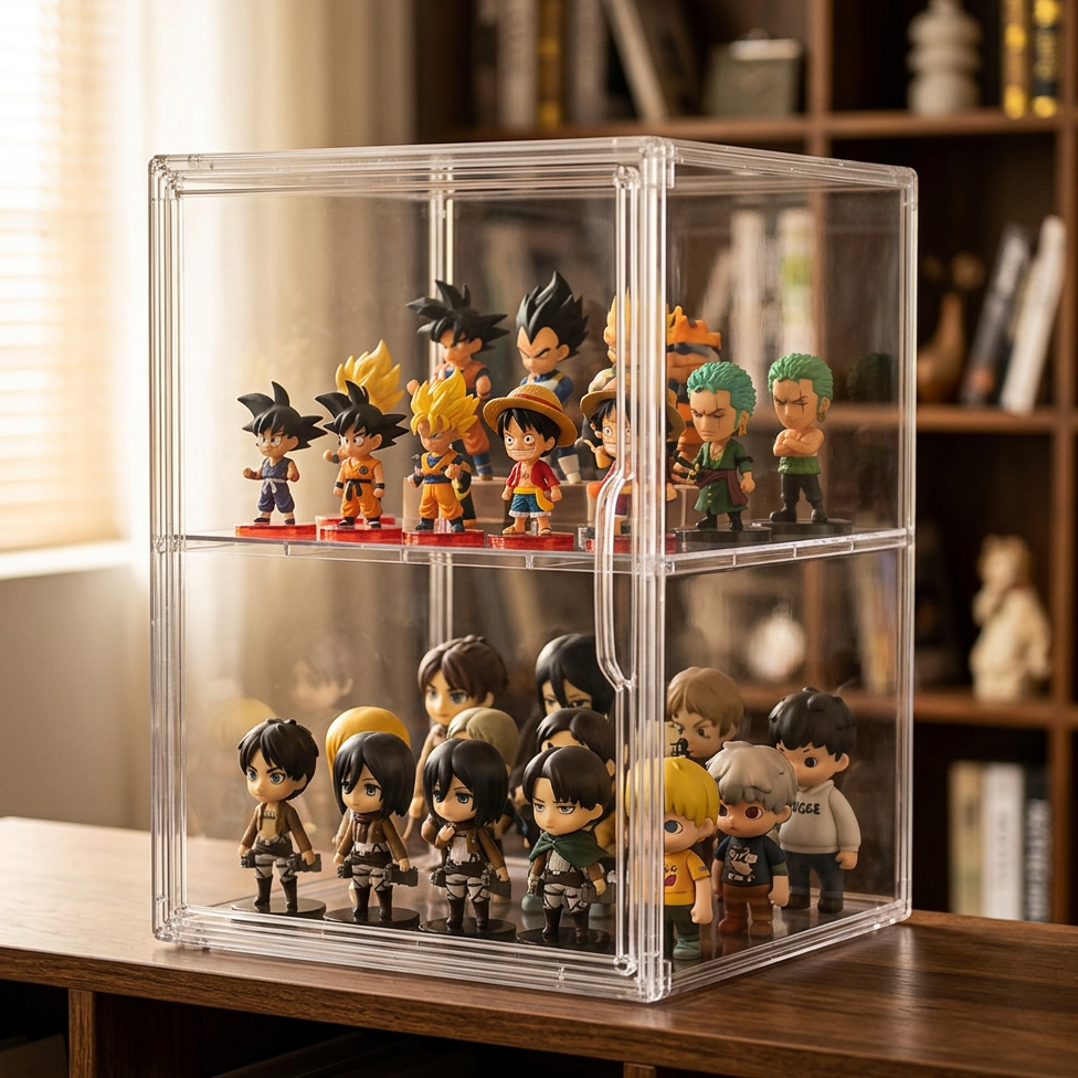 A clear acrylic two-tier display box filled with small anime figurines, placed on a wooden shelf in front of a blurred bookshelf background.