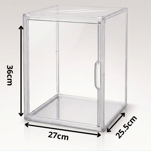 Clear plastic storage box with a hinged door and handle, shown with dimension arrows and labels indicating 36cm height, 27cm width, and 25.5cm depth on a light gray background.
