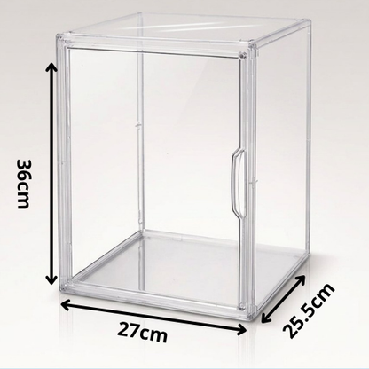 Clear plastic storage box with a hinged door and handle, shown with dimension arrows and labels indicating 36cm height, 27cm width, and 25.5cm depth on a light gray background.