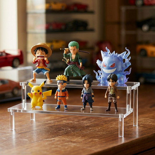 A set of anime action figures displayed on a clear acrylic stand on a wooden table, with blurred toy cars in the background.
