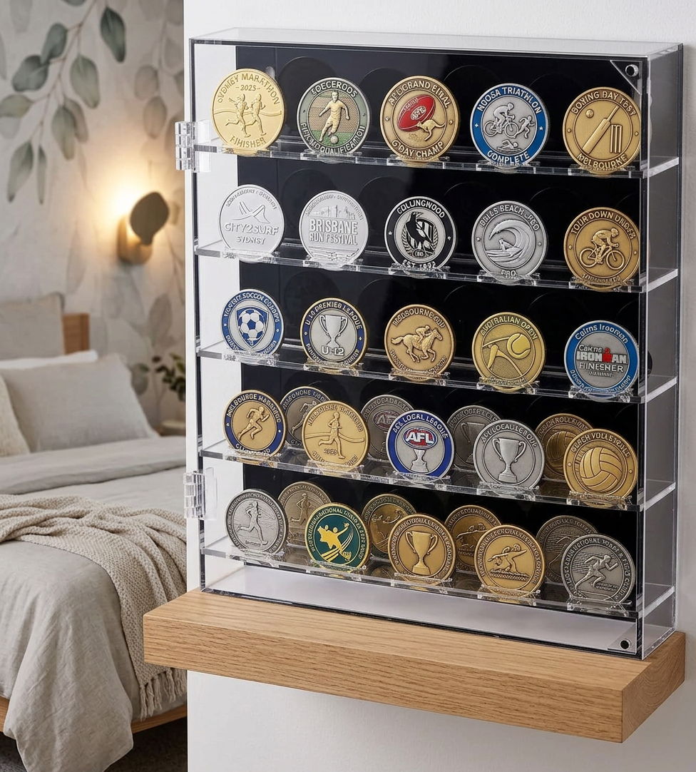 A wall-mounted clear acrylic coin display case with five shelves holding round commemorative coins in gold, silver, and multicolor finishes, mounted on a light wood base in a bedroom setting.