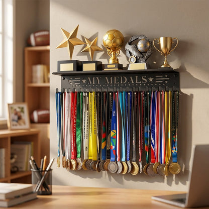 A wall-mounted trophy shelf labeled "MY MEDALS" holding several sports trophies and many medal ribbons, shown in a real indoor room with a desk, books, and laptop visible in the background.