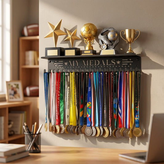 A wall-mounted trophy shelf labeled "MY MEDALS" holding several sports trophies and many medal ribbons, shown in a real indoor room with a desk, books, and laptop visible in the background.