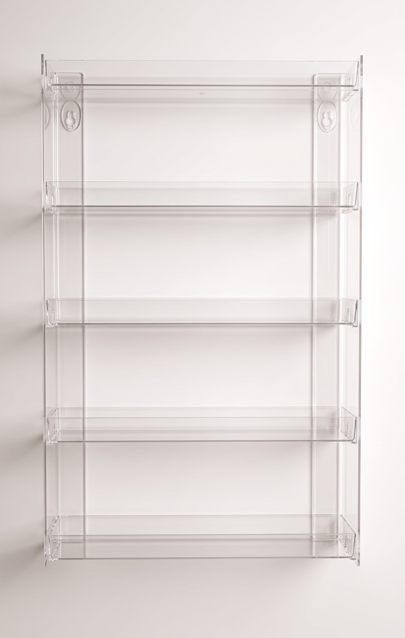 A clear acrylic wall-mounted shelving unit with four horizontal shelves, shown against a plain white wall.