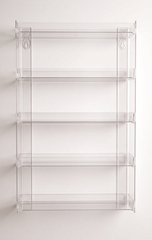 A clear acrylic wall-mounted shelving unit with four horizontal shelves, shown against a plain white wall.