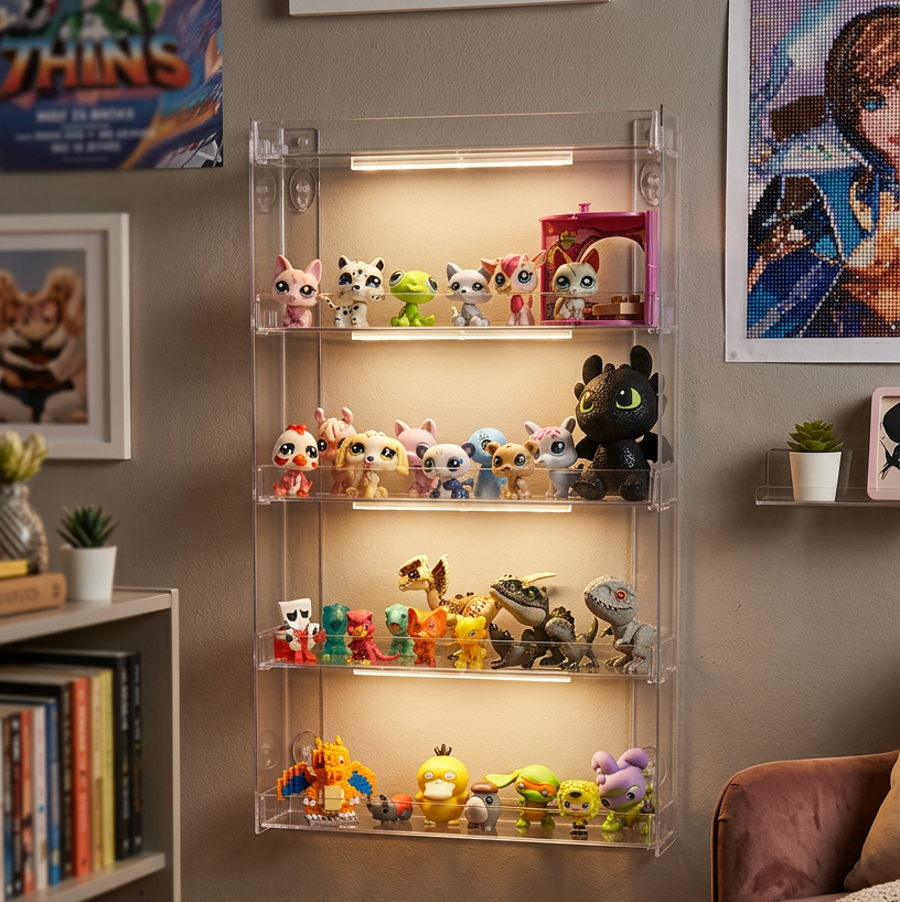 A clear acrylic wall-mounted display shelf with four tiers and built-in LED lighting, filled with small collectible figurines and toys, shown in a styled room setting with framed art, a bookshelf, and a chair.