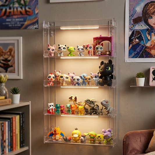 A clear acrylic wall-mounted display shelf with four tiers and built-in LED lighting, filled with small collectible figurines and toys, shown in a styled room setting with framed art, a bookshelf, and a chair.